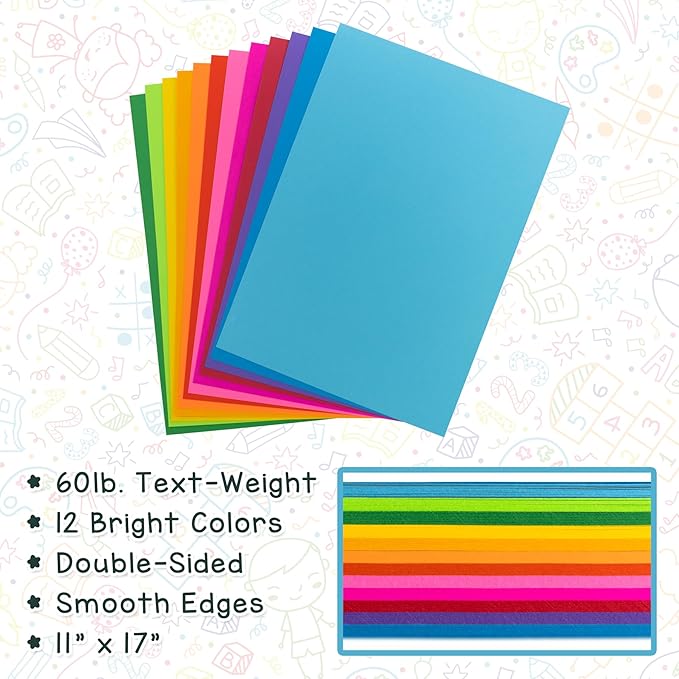 Hygloss Products Assorted Bright Colored Paper - 24 lb, 89 GSM, Acid-Free, Fade-Resistant, 11x17-Inch Ledger Size Color Copy Paper, 96 Sheets, 12 Colors