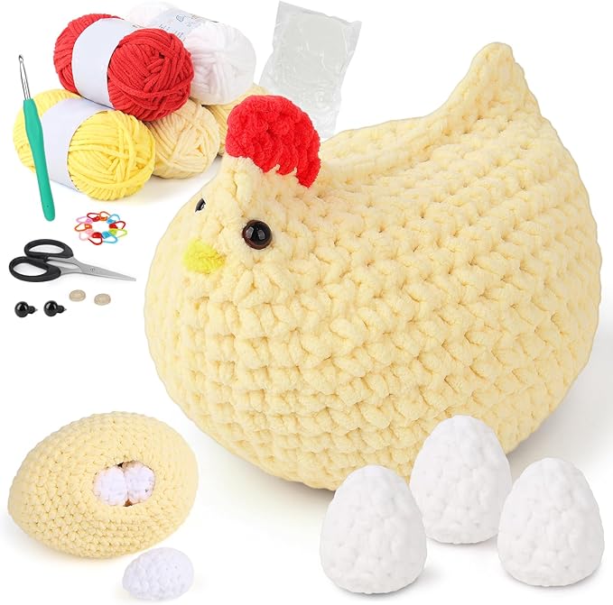 Coopay Crochet Kit for Beginners, Egg-Laying Mama Hen, Easy Chicken Crochet Kit, Chenille Yarn, Step-by-Step Video Tutorial, Cute Crochet Animals Kit for Adults, Chrismas Gifts, 1 Chicken+3 Eggs