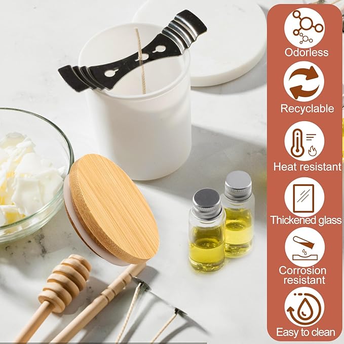 CONNOO 8 Pack 14 OZ Empty White Glass Candle Jars for Making Candles with Bamboo Lids and Sticky Labels, Bulk Candle Jars for Making Candles - Spice, Powder Containers.