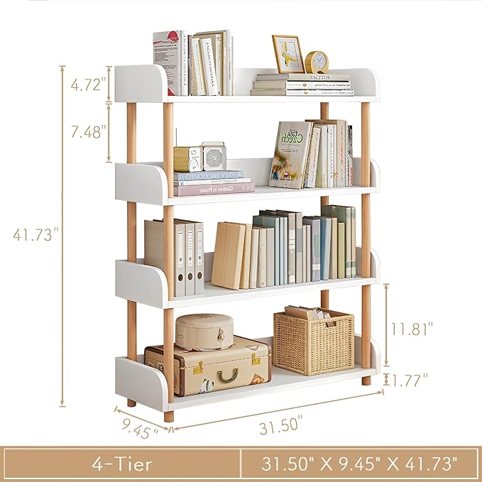 4-Tier Wooden Open Bookcase - Modern Display Bookshelf with Top Edge and Solid Wood Frame for Home and Office, Storage Cabinet, Warm White