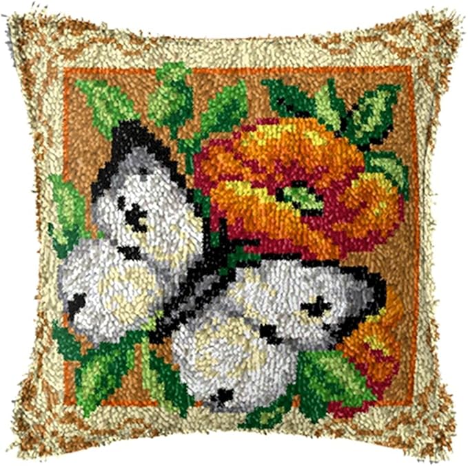 LAPATAIN Latch Hook Kits for DIY Throw Pillow Cover,Butterfly Needlework Cushion Cover Hand Craft Crochet 17x17inch