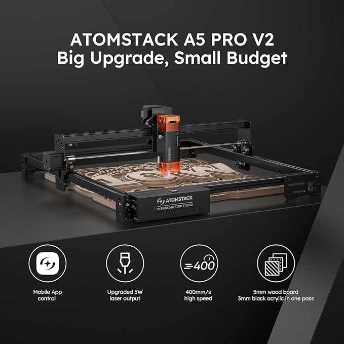 ATOMSTACK A5 Pro V2 5W Laser Engraving Machine, Laser Cutter for Beginners, 400 mm/s and with 400 x 400 mm Working Area, for Leather, Ceramic, Dark Acrylic, Coated Metal, Stainless Steel etc.