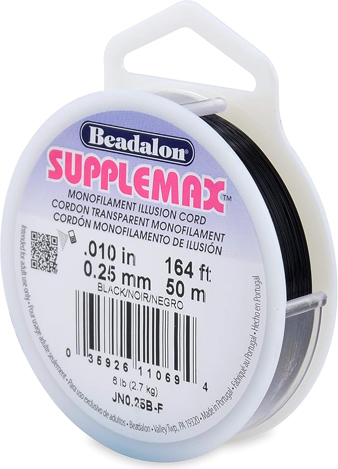 Beadalon SuppleMax Illusion Beading Cord, 0.25 mm / 0.010 in, Black Monofilament, 50 m / 164 ft