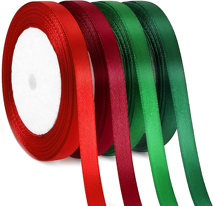 DECYOOL Christmas Ribbons, 4 Rolls 100 Yards Christmas Satin Ribbons 10mm Wide Holiday Craft Ribbons for Gift Wrapping and Xmas Decoration (Red, Green, Wine Red, Dark Green)