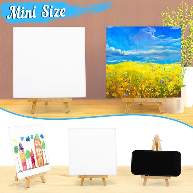 20 Pack Mini Canvas and Easel Set, 5.9 X 5.9 inch Small Painting Canvas Panel with Mini Easel, Mini Canvases with 10 Brushes & 5 Paint Tray,Art Canvases Painting Kit for Birthday Party Favors