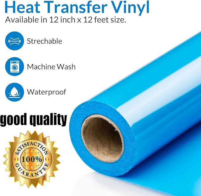 HTV Lake Blue Heat Transfer Vinyl Rolls 12 Inch by 8 feet Roll Iron on DIY for T-Shirt Easy to Cut & Weed for Heat Vinyl Design Glossy (8Ft, Lake Blue)