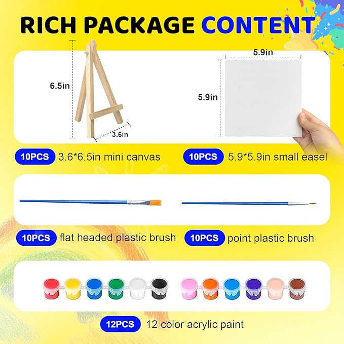 10 Set Mini Acrylic Paint Kit, 5.9In Canvas Boards for Painting with 6.5" Easel, Acrylic Paint Strips, Painting Brushes, Mini Canvas and Easel Set for Kids Artists Beginner Gift Party (160)