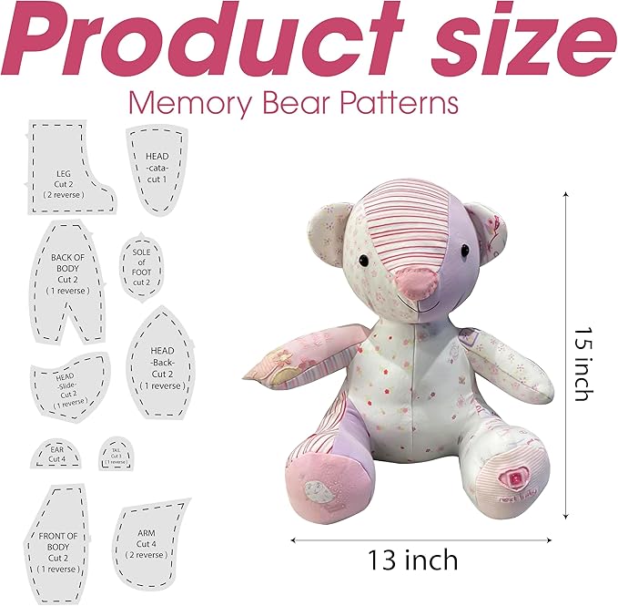10 Pcs Memory Bear Patterns for Easy Sewing Template, Acrylic Material Ruler Set for Beginners with Instructions, Preserve Your Memories, Large Stencil for Home Cutting & Quilting Art Craft, L 15 Inch