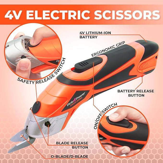 Pink Power Electric Fabric Scissors Box Cutter for Crafts, Sewing, Cardboard, Carpet, & Scrapbooking - Heavy Duty Professional Shears Cutting Tool - Automatic Cordless Scissors Fabric Cutter (Orange)