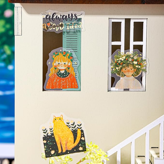 TIAMECH Holiday Facts PET Stickers - 180 Pcs Flower Shop Swimming Pool Girl Cat Design, Waterproof Sticker for Journaling & Scrapbooking, Junk Journal Supplies, Ephemera & DIY Crafts