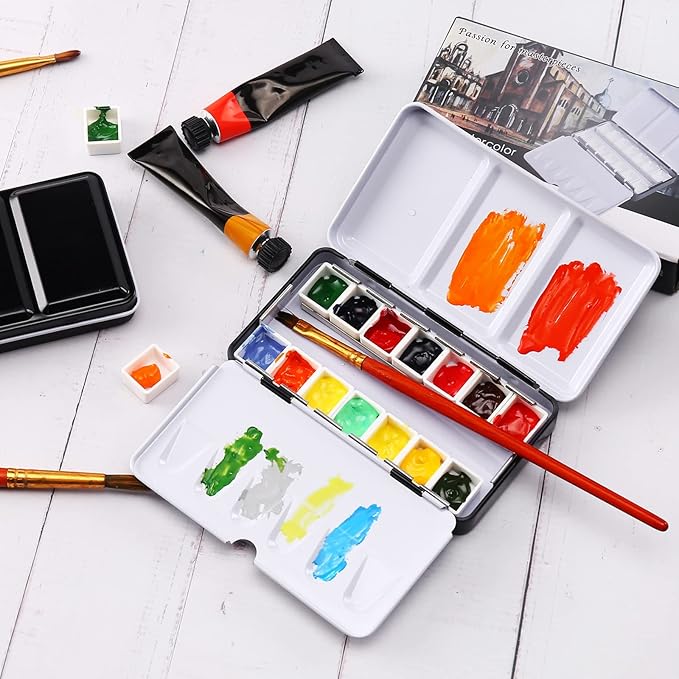 LOONENG Metal Watercolor Tin with Fold-Out Palette, Small Tray Palette with 14 Empty Half Pans for Plein Air, Acrylic and Oil Painting