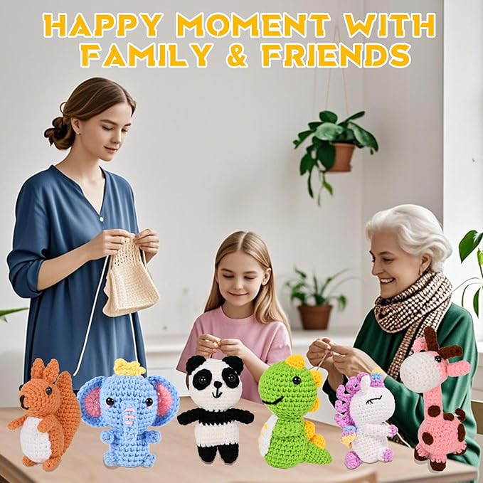 Alutaba 6Pcs Crochet Kit for Beginners, Crochet Animal Kits for Adults with Step by Step Videos Tutorials, Knitting Kit for Crochet Lovers Great Birthday Holiday Gift, DIY Keychain Pendants