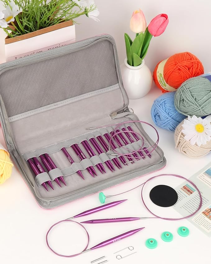 Coopay Interchangeable Knitting Needles with 4 Rotatable Cables, 13 Pairs Circular Knitting Needles 3.0-10.0mm with Case, Aluminum Cable Needles for Knitting, Ideal Gifts for Knitters, Purple Love