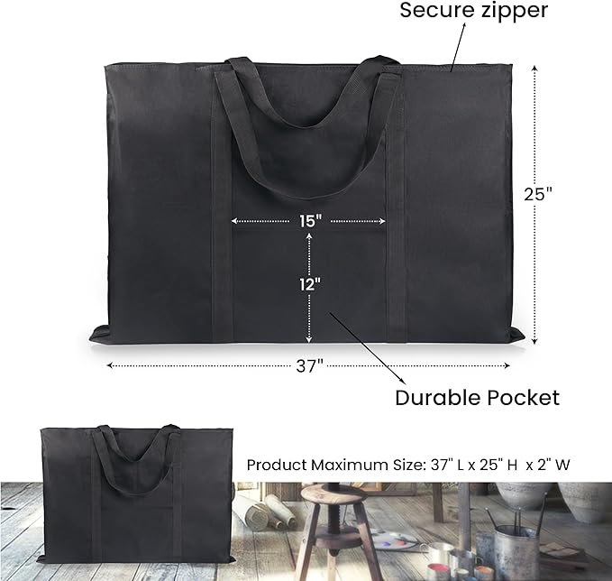JJRING Dacron Light Weight Art Portfolio Tote Bag, 25'' x 37'' for 24'' x36'' Black Carrying Storage Case For Poster, Sketching, and Drawing