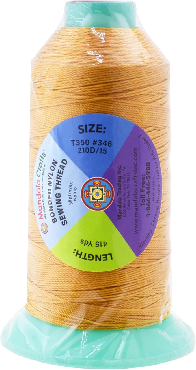 Mandala Crafts Bonded Nylon Thread Gold Heavy Duty Sewing Threads - 415 YDs Size 346 210D T350 Tex 350 Thread for Leather Jeans Weaving Outdoor Marine Upholstery Threads