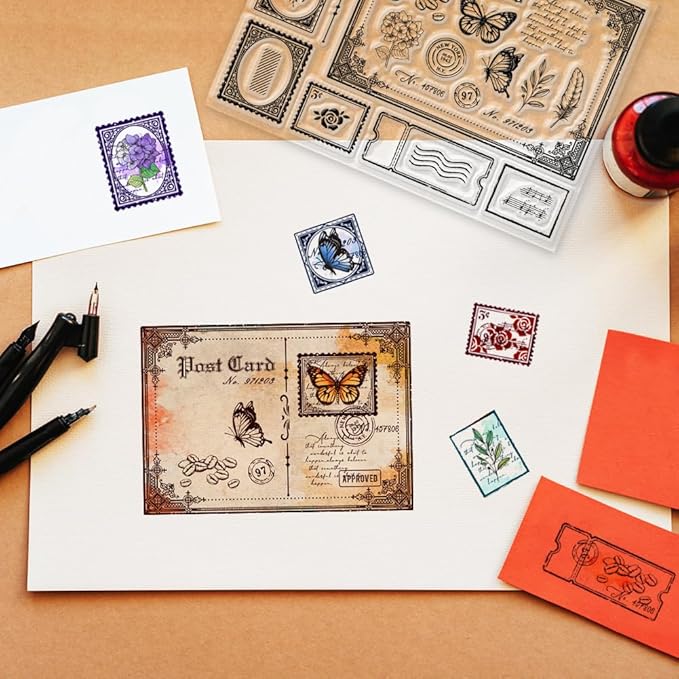GLOBLELAND Vintage Postcard Clear Stamps Retro Postcard 5.83x8.27inch Decorative Clear Stamps Silicone Stamps for Card Making and Photo Album Decor Decoration and DIY Scrapbooking