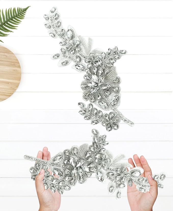 1 Pair Handmade Flower Rhinestone Applique for Clothes, Crystal Fabric Patches for Wedding Dress, Bling Beaded Embroidery Lace Applique for Hat Hairband Sewing Embellishment (Silver)