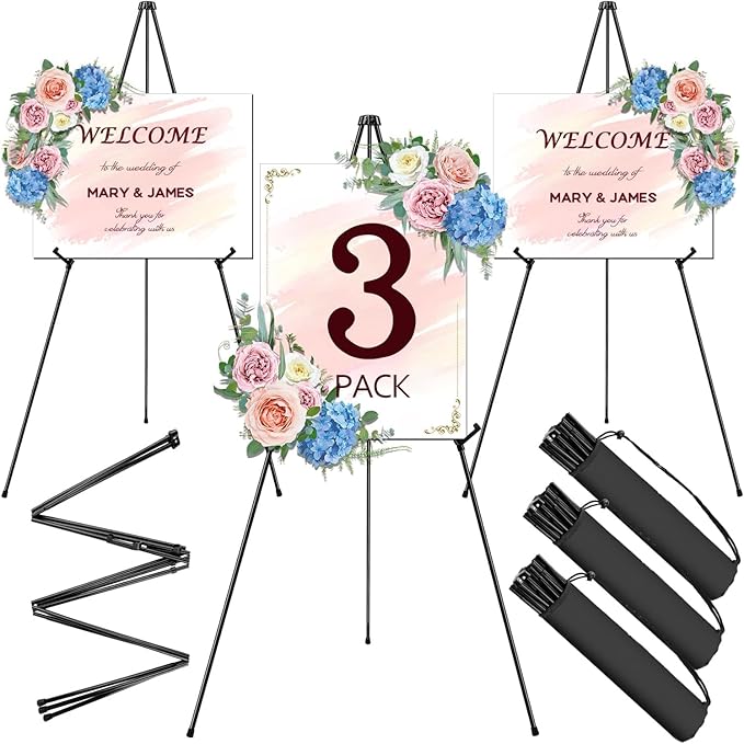 AROIC 63" Easel Stand for Display, 3 Pack Portable Foldable Metal Easel, Easels for Signs Wedding Logos,Arts, Painting,Adjustable Floor Easels with 3 Storage Bag