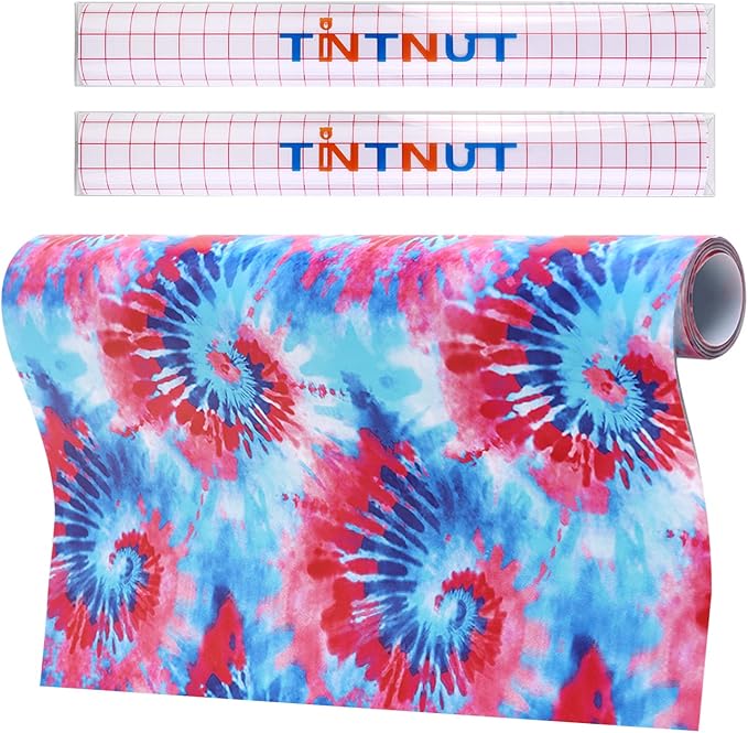 Tintnut Tie Dye Permanent Vinyl Roll - 12 inch x 5ft, Seamless Blue Red Adhesive Vinyl, Interesting Swirl Pattern Self Sticker Water Proofing for Home Decor