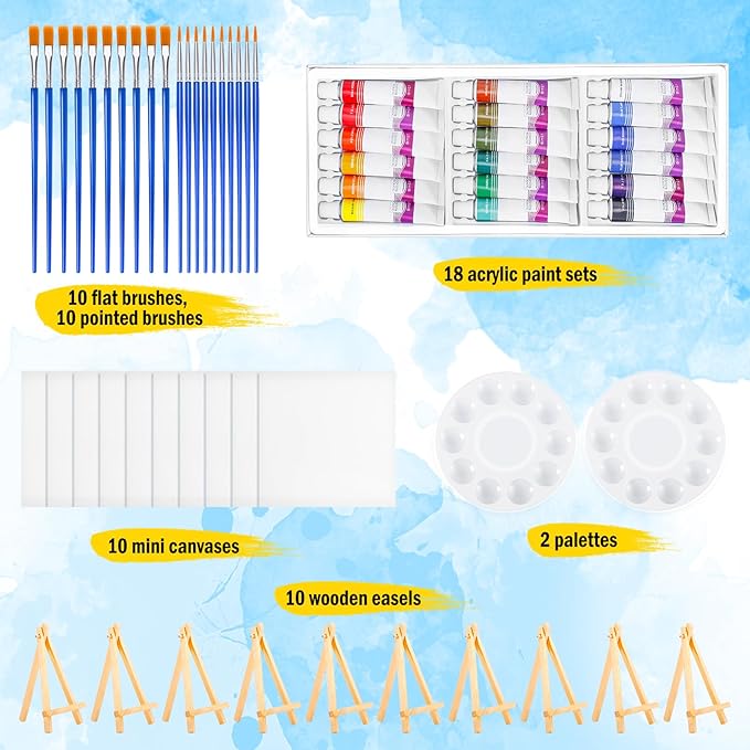 10 Pack Mini Canvas and Easel Set, 4 X 4 inch Canvas for Drawing, 18 Acrylic Paint Set with 20 Brushes & 2 Paint Trays, Art Painting Kits for Birthday Party Favors