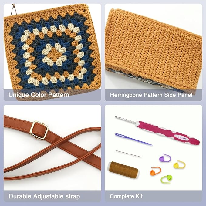 Noocro Crochet Kit Granny Square Crochet Bag Kit – DIY Felt Purse with Hook, Wool Yarn, Markers, Guide & Video – for Intermediate or Ambitious Beginners (Bronze Stone)