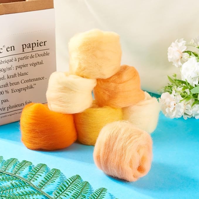 FASHEWELRY 1.2 OZ Wool Felting Kit 7 Set 7 Colors Orange Theme Needle Felting Wool Roving Nature Wool Roving for Needle Felting Wet Felting DIY Hand Spinning