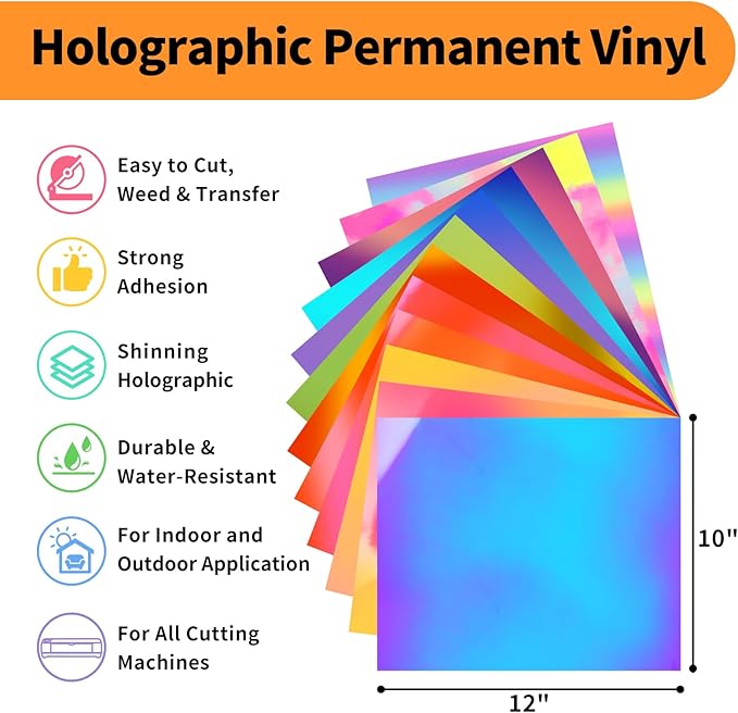 TECKWRAP Holographic Vinyl Stickers, 12" x 10" 12 Sheets Opal Adhesive Permanent Vinyl Sheets for DIY Halloween Decorations Sticker, Home and Car Decor,