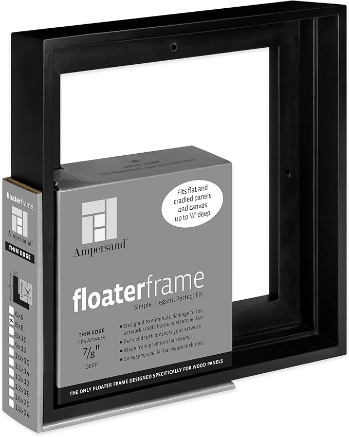 Ampersand Art Supply Floaterframe Readymade Frame for Flat and 7/8" Deep Wood Panel and Canvas Artwork, Paintings, Prints, and More, 8"x8", Black Thin