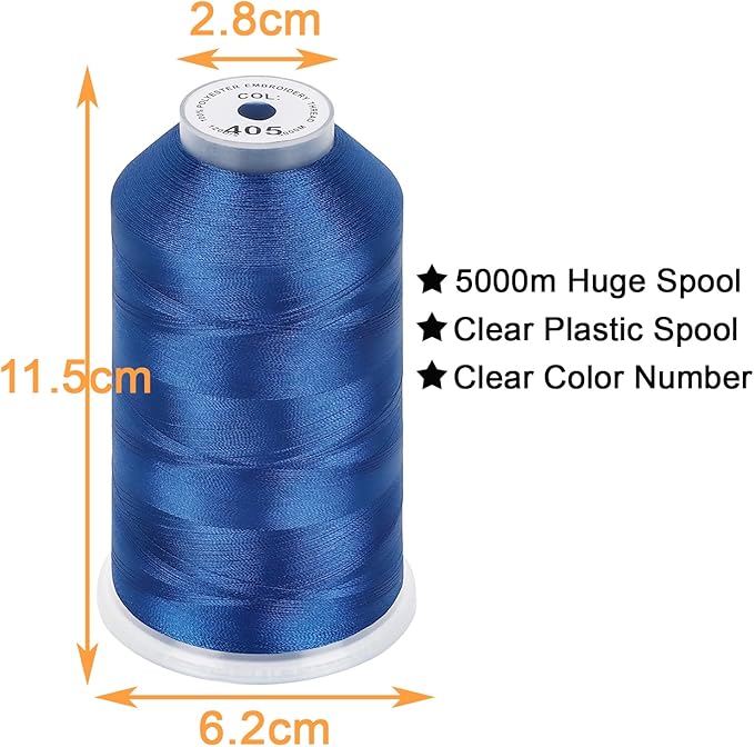 New brothread - Single Huge Spool 5000M Each Polyester Embroidery Machine Thread 40WT for Commercial and Domestic Machines - Blue