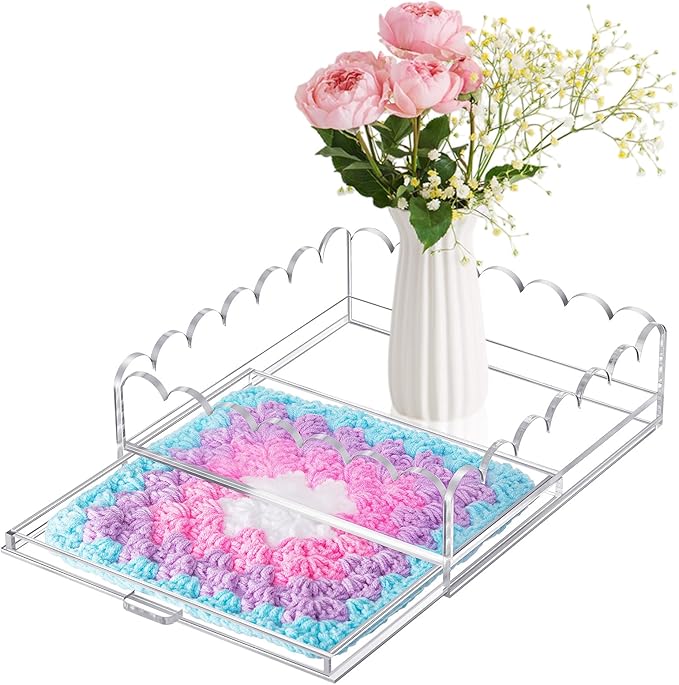 1 Pcs Acrylic Scalloped Tray Large Clear Acrylic Tray with Drawer for Insert Customizable Photos, Art, and Fabric Scalloped Basket for Needlepoint Napkin Frame Display Messages (12" X 12")