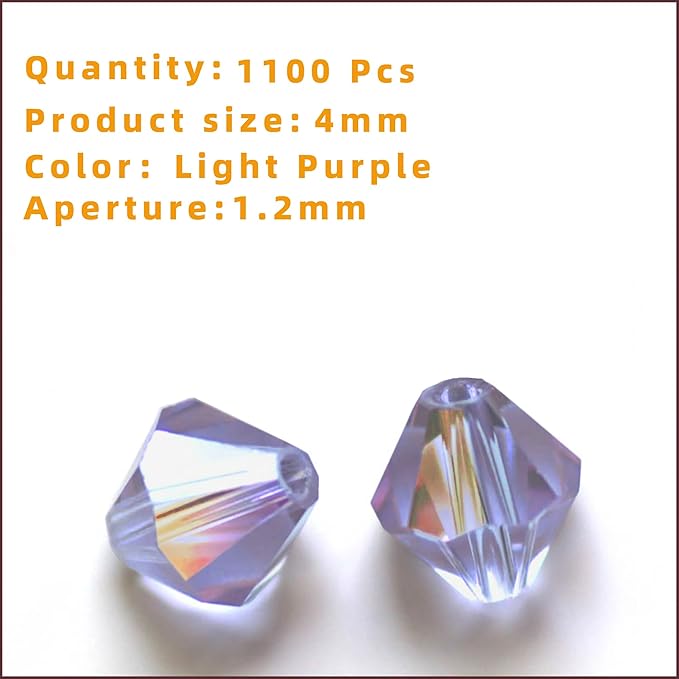 1100PCS 4mm Bicone Crystal Glass Beads for Jewelry Making, Sparkling Mini Beads for Suncatchers, DIY Bracelets & Craft Projects (Light Purple)