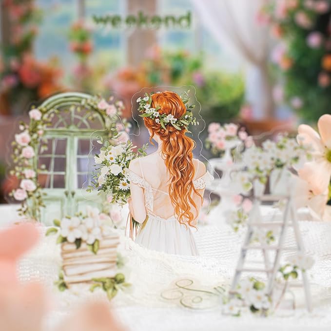 TIAMECH Girl Outside Windowsill PET Stickers - 80 Pcs White Spring Pink Rose & Beauty Violet Girl Design, Waterproof Sticker for Journaling & Scrapbooking, Junk Journal Supplies, Ephemera & DIY Crafts