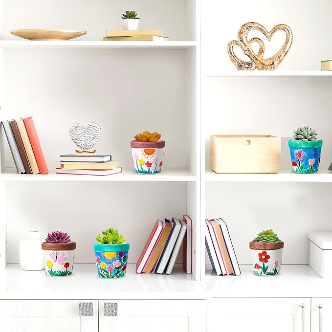 Pasimy 6 Set DIY Ceramic Succulent Planter Pots Paint Your Own Flower Pots Craft Kit Unpainted Bisque Paintable Flowerpot with Brush Palette Ready to Paint for Family Activity Gift(Classic)