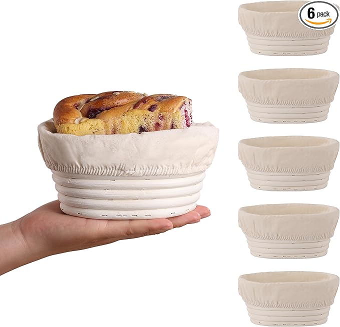 (6.7x4.7x3in) Mini Banneton Bread Proofing Basket Set of 6, Oval Sourdough Bread Basket with Liner Professional & Home Bread Baking Supplies (Small Oval)