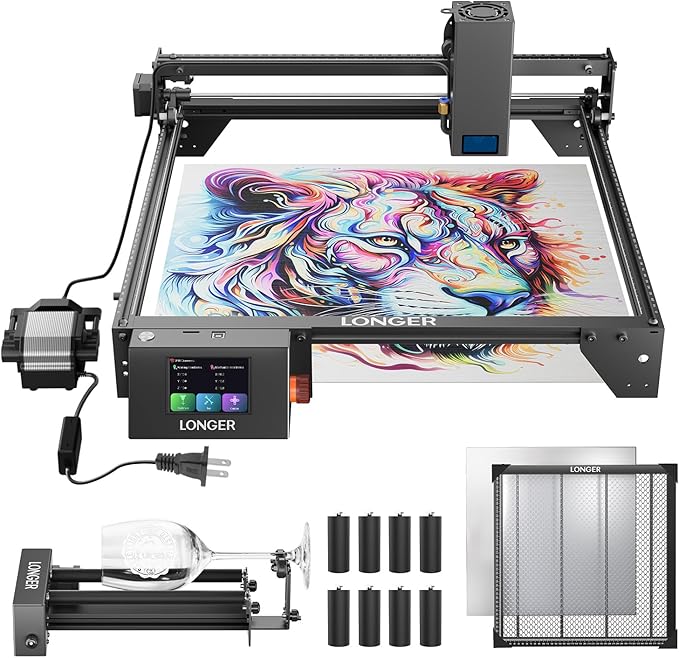Longer RAY5 20W Laser Engraver with Air Pump, 17.3"x 17.3" Honeycomb Bed, Rotary Roller, and 8 Risers – Cuts and engraves Wood, Metal, Acrylic, tumblers