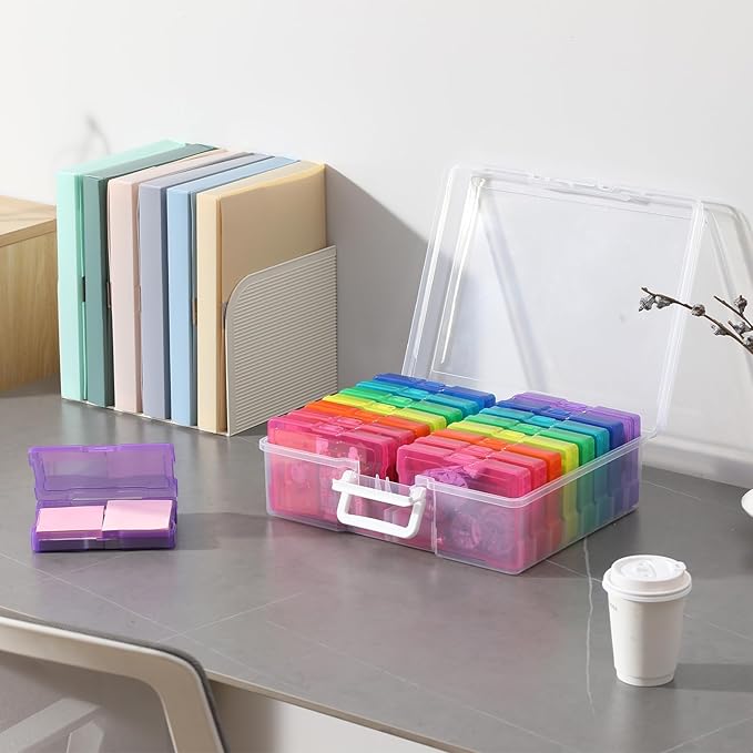 novelinks Transparent 4" x 6" Photo Organizers and Photo Storage Box with Handle, 16 Inner Photo Cases, Portable Picture Organizers & Photo Storage Containers (Multi-Colored)
