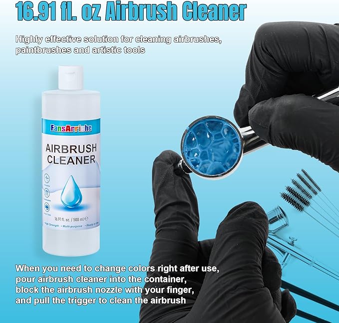 FansArriche Airbrush Cleaner, 16.91 Oz Air Brush Cleaning Solution for Water-Based Acrylic Color Paints, Quickly Clean Clogged Airbrushes, Paint Brushes, Art Tools