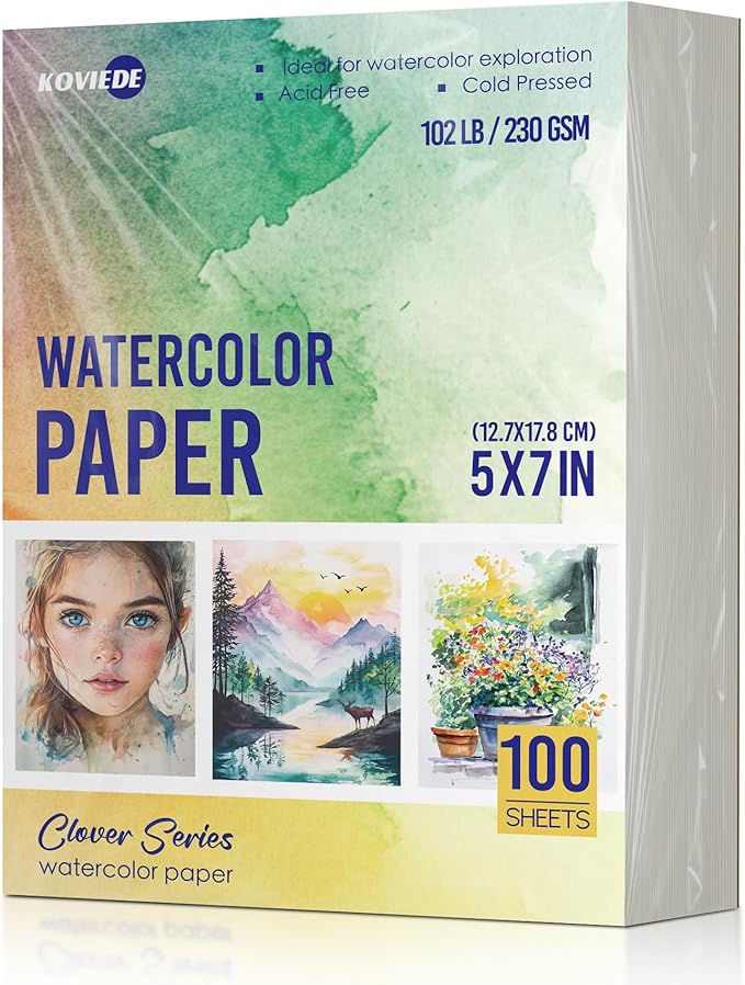 100 Sheets Watercolor Paper 5x7 Inch 102LB/230GSM Cold Press Practice Paper for Students and Beginners, Acid-Free Heavyweight Art Sheets for Painting, Printing, Scanning & Crafting