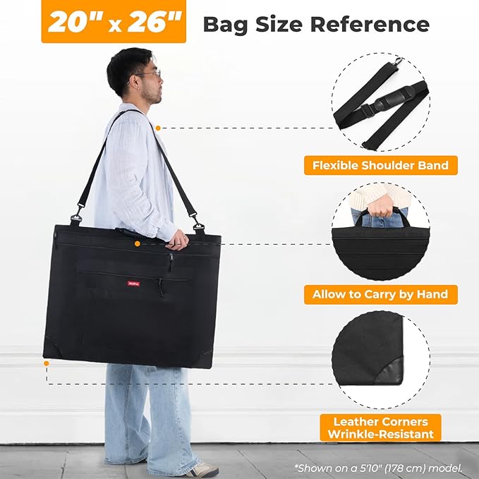 Nicpro Light Weight Art Portfolio Bag, 20x26 Black Art Canvas Portfolio Case with Detachable Shoulder Strap, Leather Corners, Carrying Storage Case for Artwork, Poster, Sketching, and Drawing