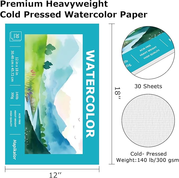 Hapikalor 12"x18" Large Watercolor Paper Pad, 1-Pack 30 Sheets 140lb/300gsm Artist Large Sketchbook Drawing Paper Book, Art Supplies for Adults Kids, Watercolors, Watercolor Paint Set, Sketchbook,Teal