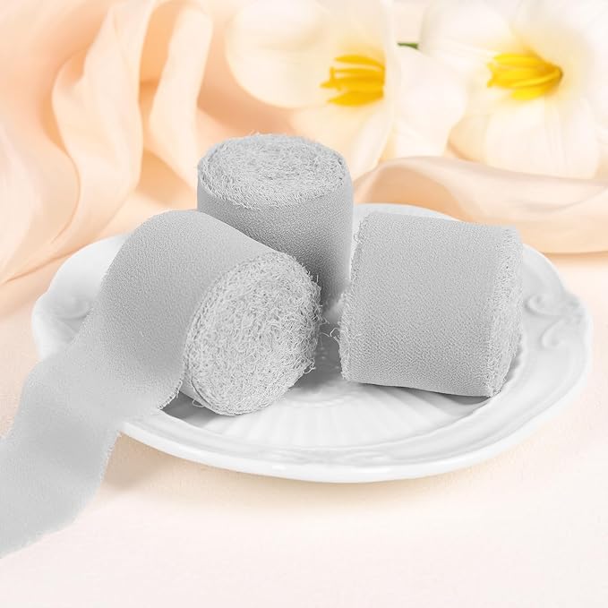3 Rolls Light Gray Handmade Fringe Chiffon Ribbon 1.5" x 7Yd Silk-Like Colorful Rustic Ribbon for Bouquets Wrapping Decor Wedding Tie Invitations Crafts