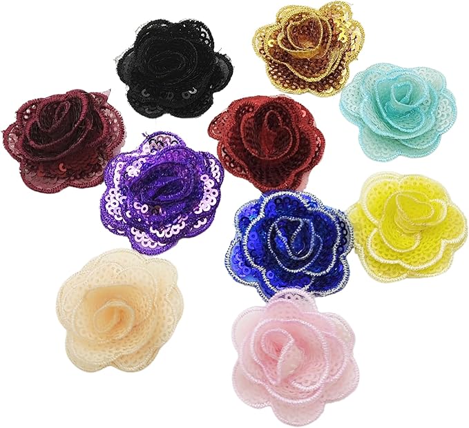 5 PC Rose Flower Sequins Lace Embroidery Patch Applique Trim Wedding Dress DIY Sewing Craft Clothes Applique, 1.6 Inch, Light Blue