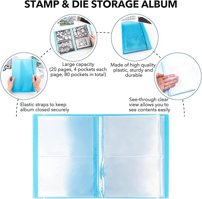 10 Pcs 0.3mm Magnet Sheets and 80 pockets/20 pages Storage Album for Stamp and Cutting Dies Storage Book Organizer Folder for Storage Die Cutting, DIY Scrapbooking Card Making Supplies (Blue)