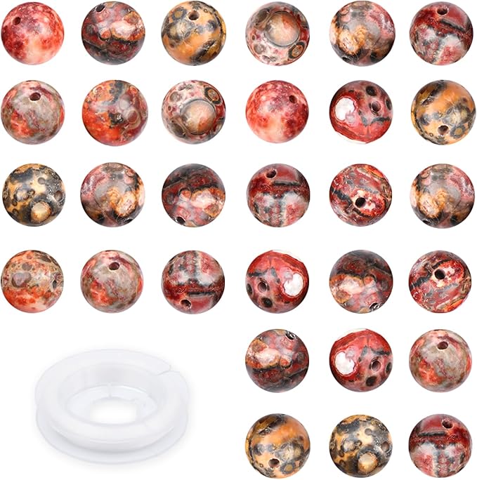 Natural Stone Genuine Stones DIY Round Beads 8mm 100pcs Beading Loose Gemstone Hole Size 1mm Charm Smooth Beads for Bracelets Necklaces Earrings (Red Leopard Fur Jasper 8mm)