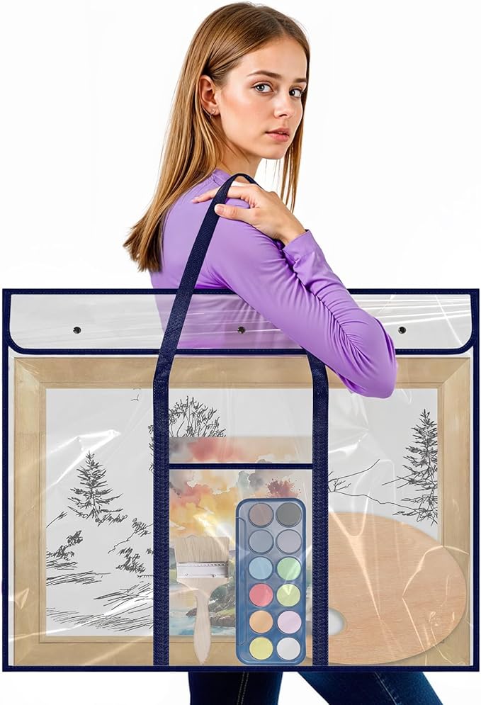 3 Pack Large Poster Storage Bag, 25.5" x 31.5" Bulletin Board Holder Art Portfolio Case PVC Art Portfolio Container Bulletin Board Storage Box with Pocket for Classroom Teacher Organization (Blue/Blac