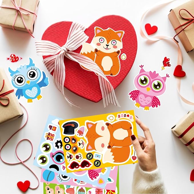 36 Sheets Valentine's Day Stickers for Kids, Make a Face Sticker Make Your Own Animal with Heart Mix Stickers Valentine's Day Activities Party Favors