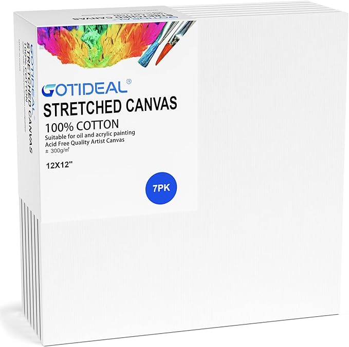 GOTIDEAL Stretched Canvases for Painting, 12x12" Inch Set of 7, Primed White - 100% Cotton Blank Art Square Canvas Boards for Painting for Acrylic Pouring, Oil Paint Dry & Wet Art Media