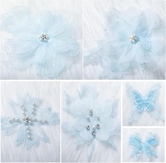 6 Pieces 3D Flower Lace Embroidery Butterflies Appliques Pearl Patches for Repairing and Decorating, Sewing Craft Clothing Jeans Jackets Bags (Light Blue)