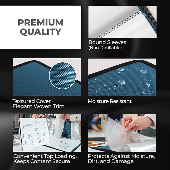 Dunwell 11x14 Art Portfolio Binder with Mounting Paper (Blue), Large Portfolio Folder for Artwork Storage, 24 Sleeves Displays 48 Pages, Acid-Free Poly 11 x 14 Presentation Book