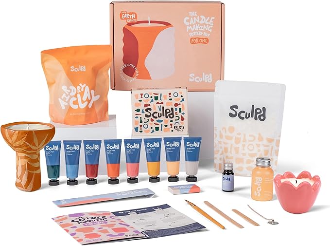 Sculpd Candle Making Pottery Kit for Adults with Air Dry Clay and Acrylic Paint Set, Non-Toxic Eco Soy Wax, Scented Fragrance Oil, Candle Glaze, Tools & Guide, 1 Candle, Peony Rose with Earth Tones